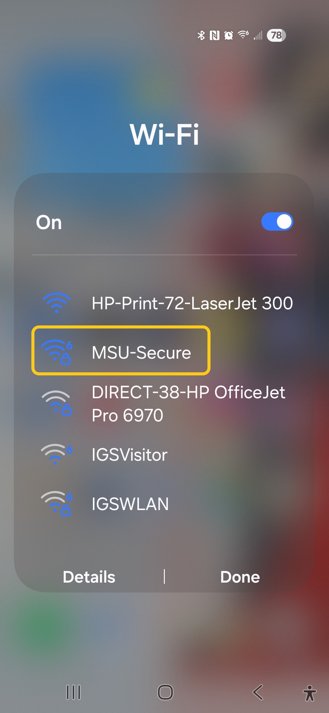 Android Wi-Fi menu